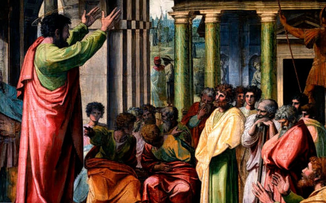 Saint Paul delivering the Areopagus sermon in Athens, by Raphael, 1515.