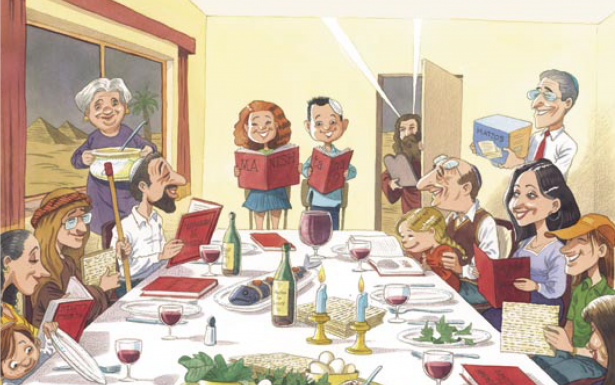 משפחה יושבת לצד שולחן הסר, איור: מישל קישקה מתוך הספר  A night to Remember של נועם ומישאל ציון